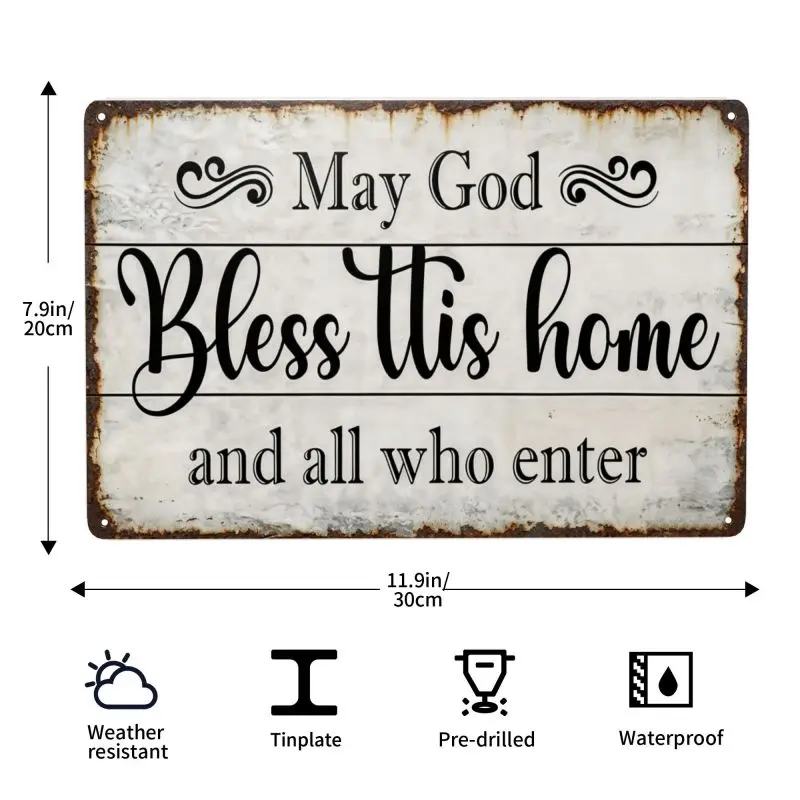 Retro Waterproof Rustic Christian Wall Art Metal Sign - 8x12in "May God Bless This Home" Religious Prayer Plaque, Housewarming Gift for Home Decor (Living Room, Bedroom), Water Proof