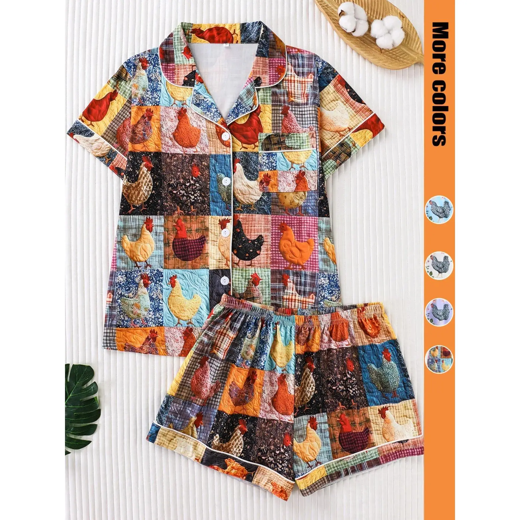 Women's Floral & Chicken Print Shirt & Shorts Pyjama Two-piece Set, Casual Short Sleeve Top & Shorts PJ Set, Ladies Sleepwear for All Seasons, Soft Breathable Nightwear, Cute Farm Animal Floral Matching Loungewear Gifts For Women