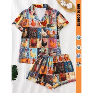 Women's Floral & Chicken Print Shirt & Shorts Pyjama Two-piece Set, Casual Short Sleeve Top & Shorts PJ Set, Ladies Sleepwear for All Seasons, Soft Breathable Nightwear, Cute Farm Animal Floral Matching Loungewear Gifts For Women
