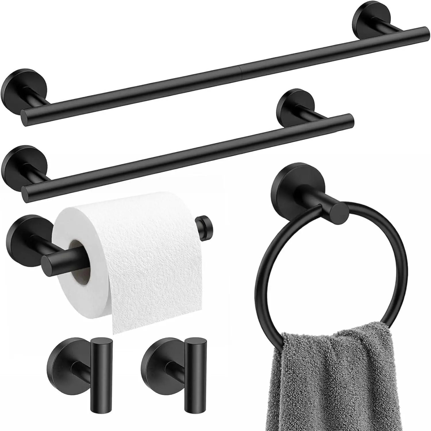 Matte Black SUS304 Stainless Steel 6-Piece Bathroom Hardware Set - High-Quality Wall-Mounted Round Style Bath Accessories Kit for Daily Use, Includes 24in & 16in Towel Bars, Toilet Paper Holder, Towel Ring, 2 Robe Hooks (Default Yes Option)
