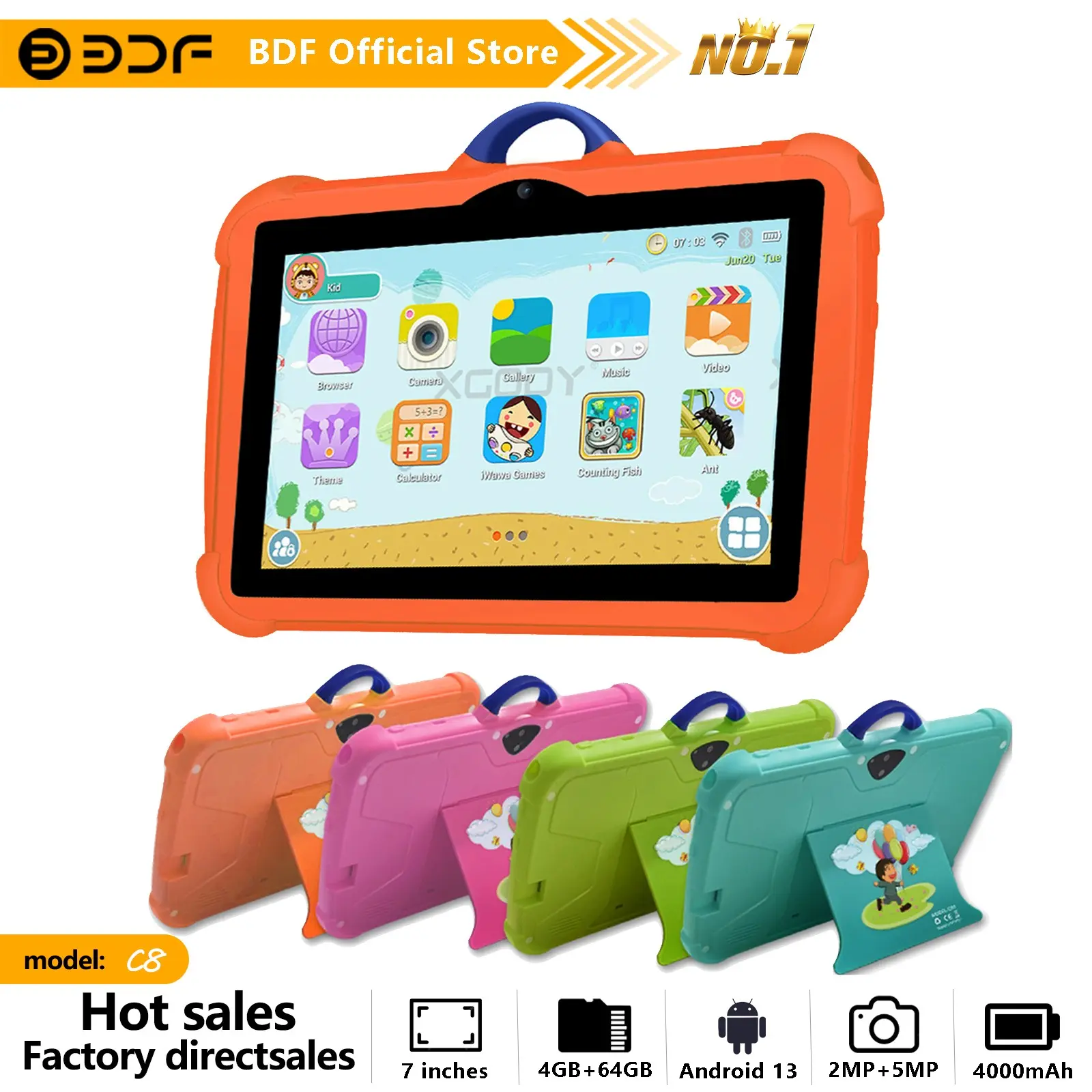 Bdf 7-Inch Android 13 Rechargeable Tablet with Educational Software, USB Charging, Quad-Core Processor, 4GB RAM, 64GB Storage, 4000mah Battery