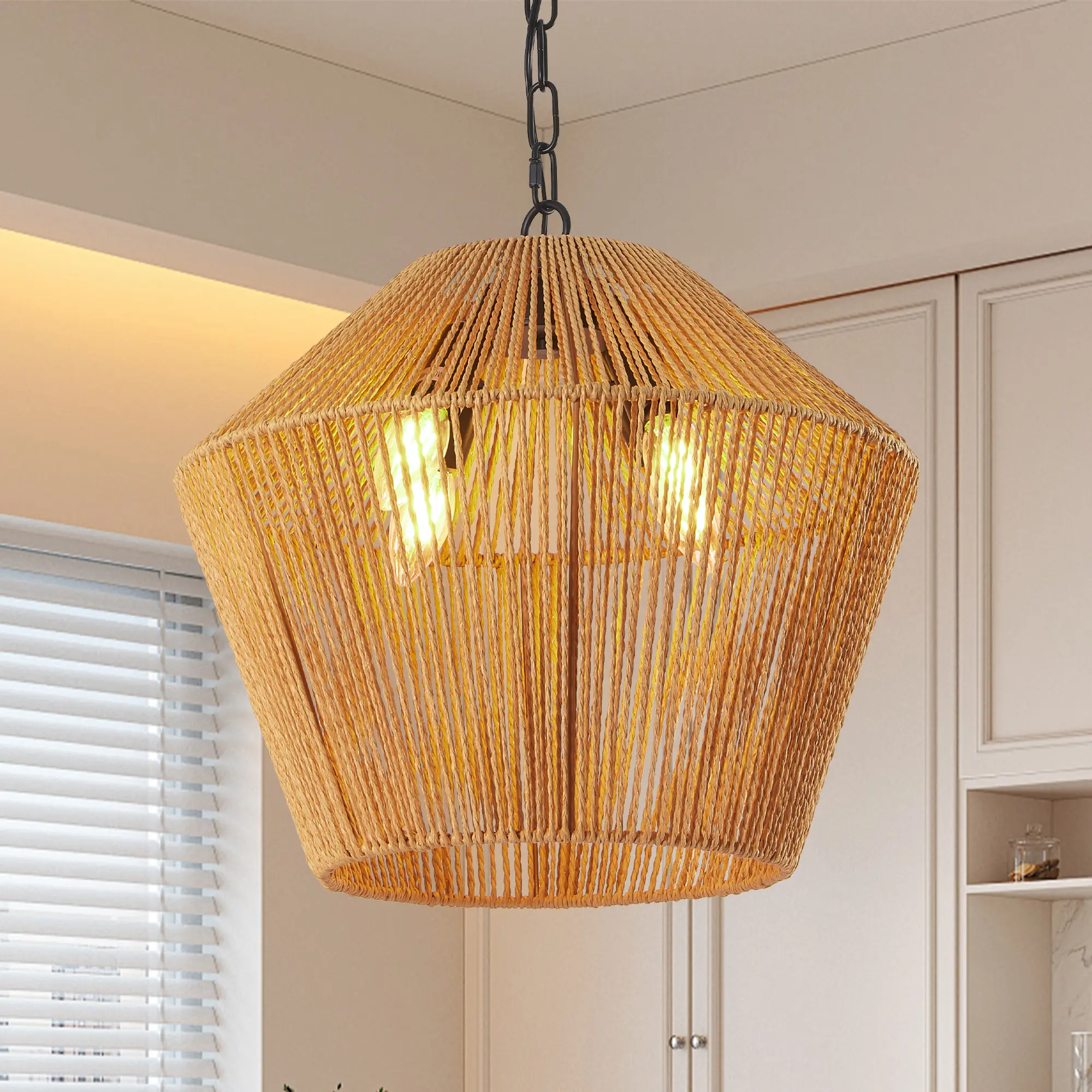 ARCH 17-Inch Boho Hemp Rope Pendant Light Handcrafted Farmhouse Hanging Ceiling Fixture Natural Wood Iron Adjustable Height for Kitchen Island Dining Room Bedroom Living Room Warm Soft Lighting Bulb Not Included, Wood Color Options