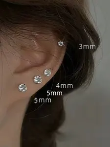 2pcs Copper Silver Color Zircon Stud Earrings for Women, Fashionable Men's Ear Rings, Long-Lasting No Fading No Deformation