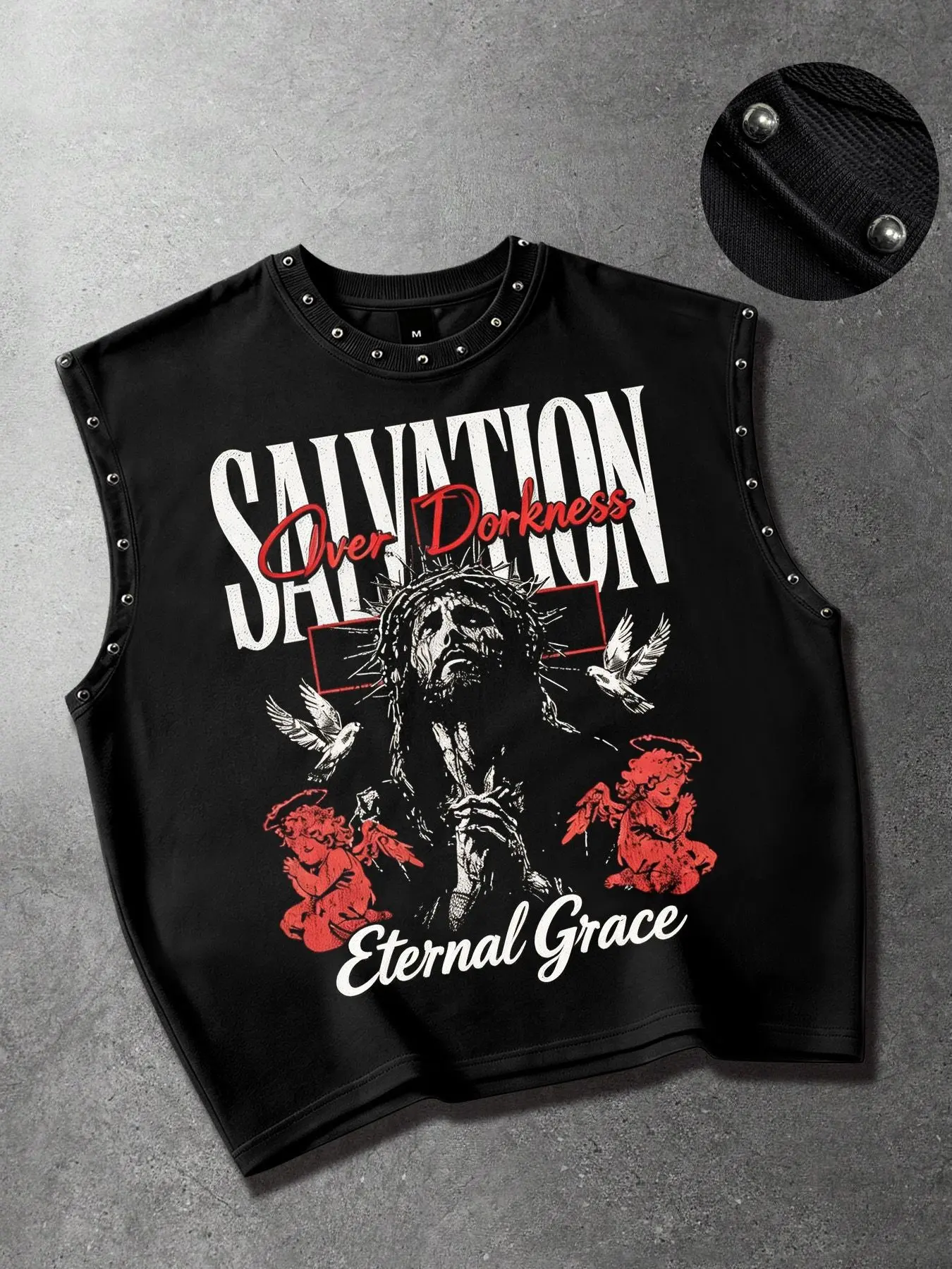 Y2K Dark Street Style Streetwear Jesus Angel Print Studded Vest Tops for Men, Unisex Sleeveless Loose Men's Vest, Street Style Casual Wear