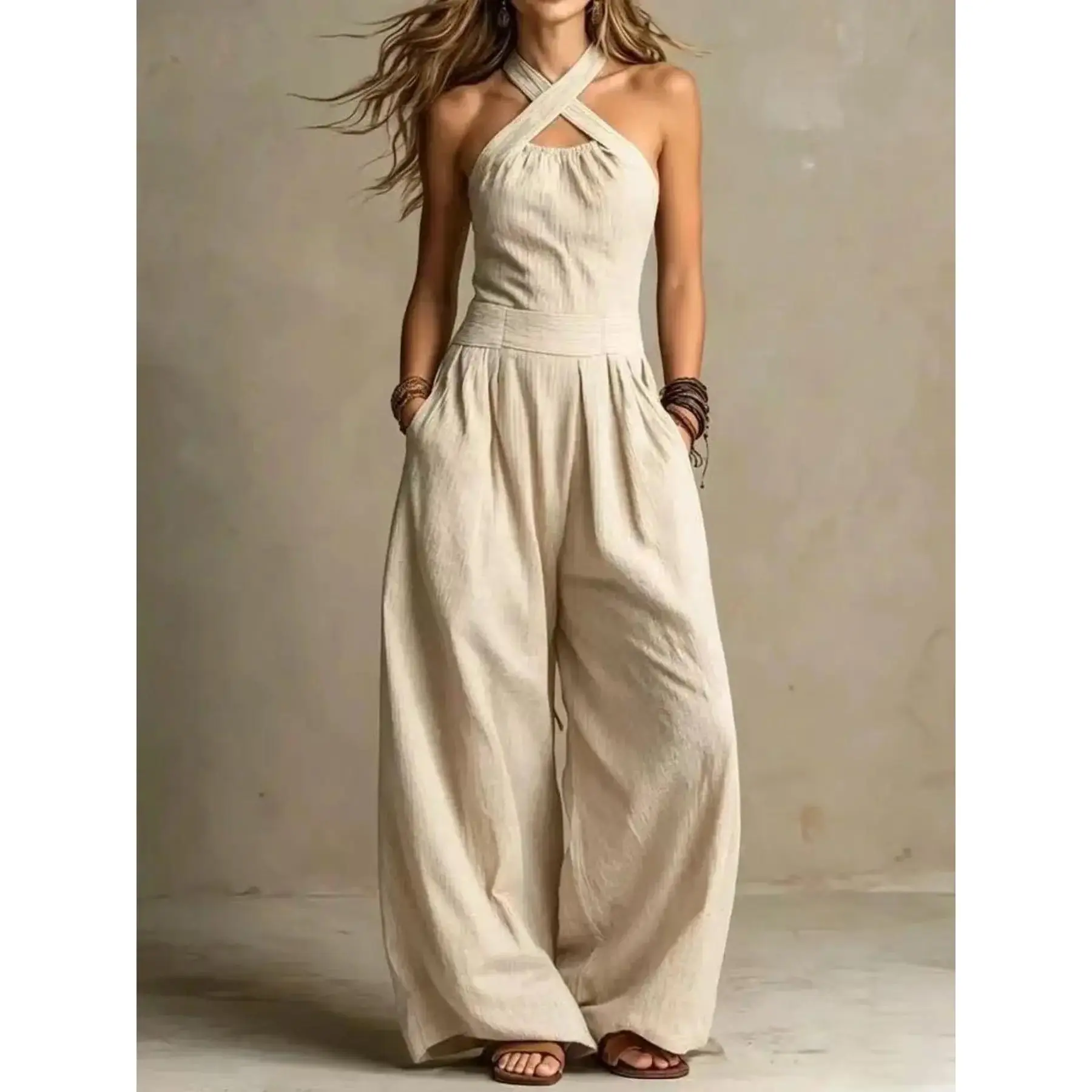 Women's Pleated Boho Jumpsuit, Casual Loose-Fitting 1-Piece with Cross-Neck, High-Waisted Wide Leg, Lightweight Material, Women's Clothes, Machine Washable, Solid, Wide-Leg Pants, Daily, Boho Cross-Neck, All Seasons, Comfortable