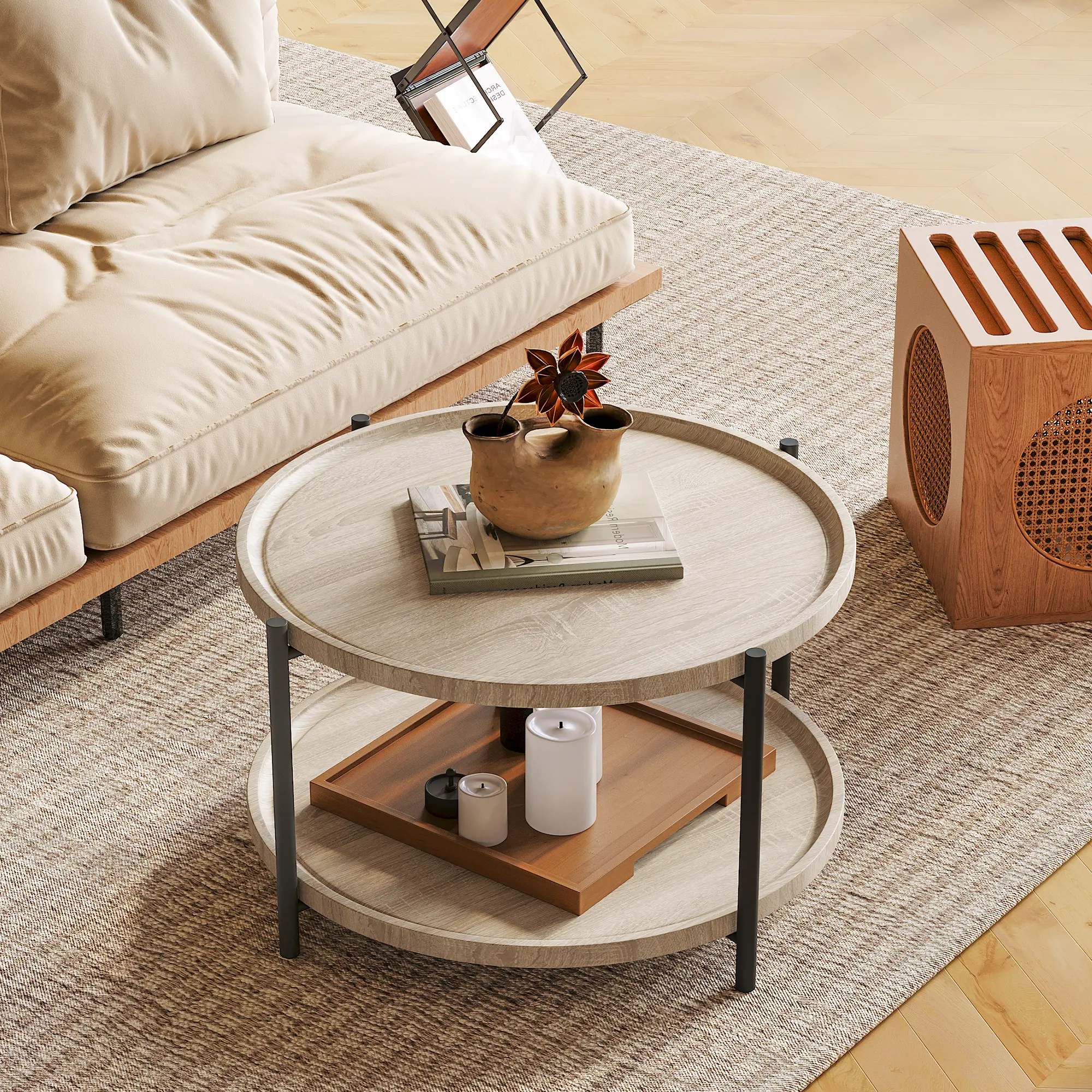 30-Inch Round Farmhouse Look Coffee Table - Natural Oak Wood Top, Sturdy Metal Frame, 2-Tier Open Storage Shelf, Easy Assembly, Ideal for Living Rooms, Small Spaces