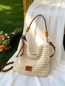 Women's Boho Bucket Bag, Hollow Out Knit Crossbody, Adjustable PU Strap, Minimalist Design, Fabric, Wooden Bead Accents, Summer Beach Bag, Adjustable Crossbody Shoulder
