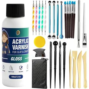 Air Dry Clay  and Tools Kit, 100ml Gloss Clear Varnish with 29- Clay Sculpting Set, Protective Top Coat for Polymer Clay and  Paintings, for Crafting and DIY Projects