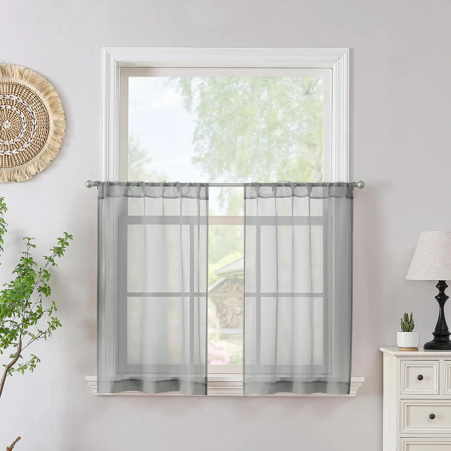 Grey Sheer Tier Curtains Short Kitchen Curtain Tier Rod Pocket Light Filtering Voile Half Window  Drapes for Bathroom, 30 x 24 inches Long, 2 Panels