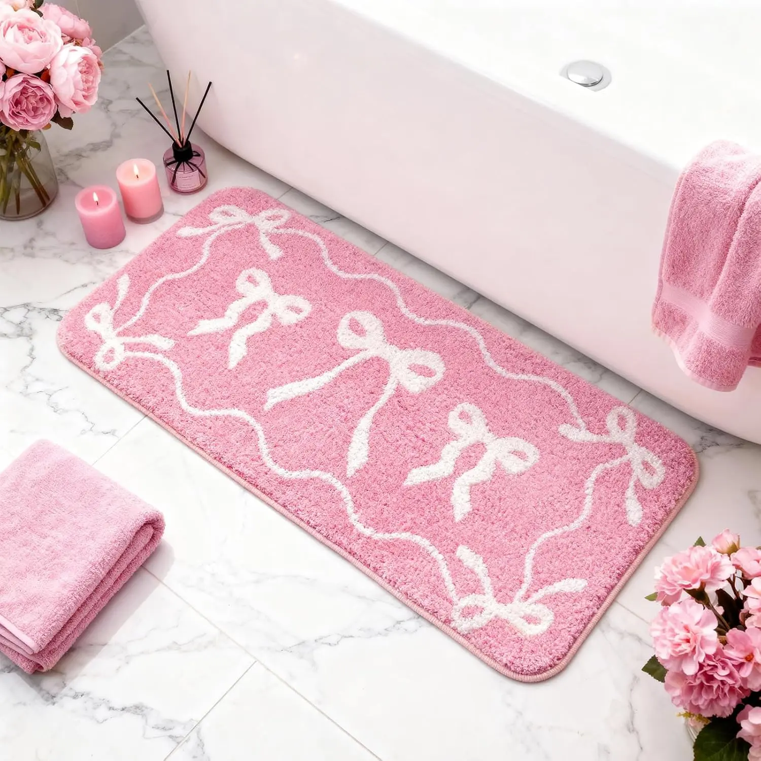 Dunzy Bow Patterned Non-Slip Bath Mat - Large, Super Soft, Absorbent, Machine-Washable Bathroom Rug (Pink, 15.8x46.9 in) for Home Supplies, Bathroom Accessories & Gifting, Bows, Rectangular