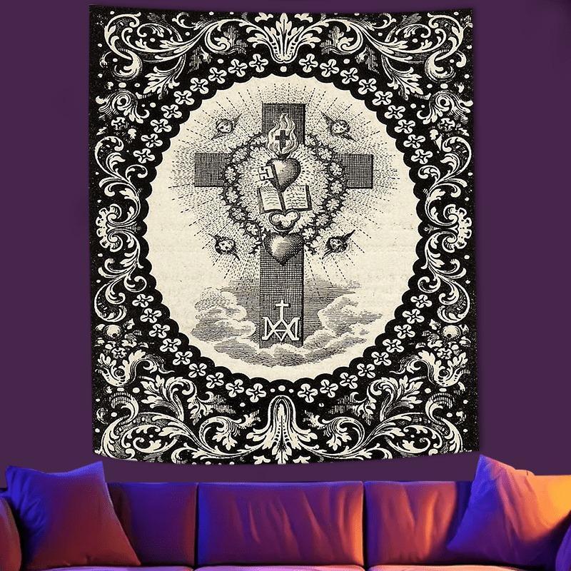 Sacred Heart Cross Pattern Durable Decorative Tapestry, Gothic Design Wall Hanging, Wall Decor for Home Living Room Bedroom Dorm, Home Decor