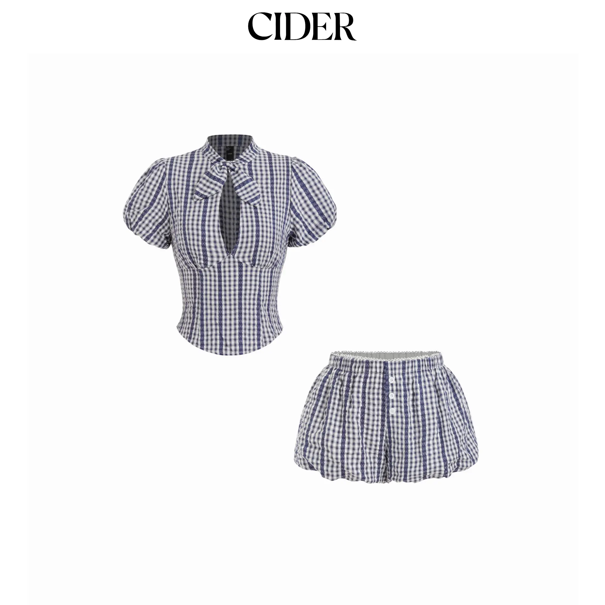 Cider Cotton-blend Gingham Stand Collar Puff Sleeve Cut Out Shirred Top & Mid Rise Bubble Hem Shorts Set SohoChic