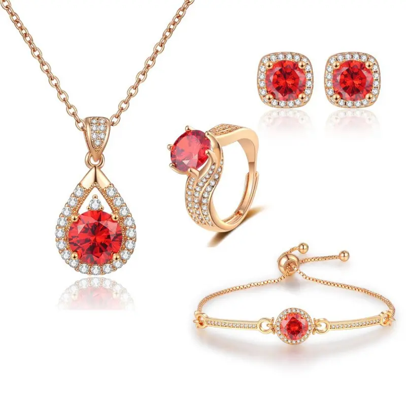 Soco Pomegranate Red Eight Hearts Eight Arrows Champagne Gold DDXL0122 Ring, Earrings, Necklace, Bracelet Four-Piece Jewelry Set