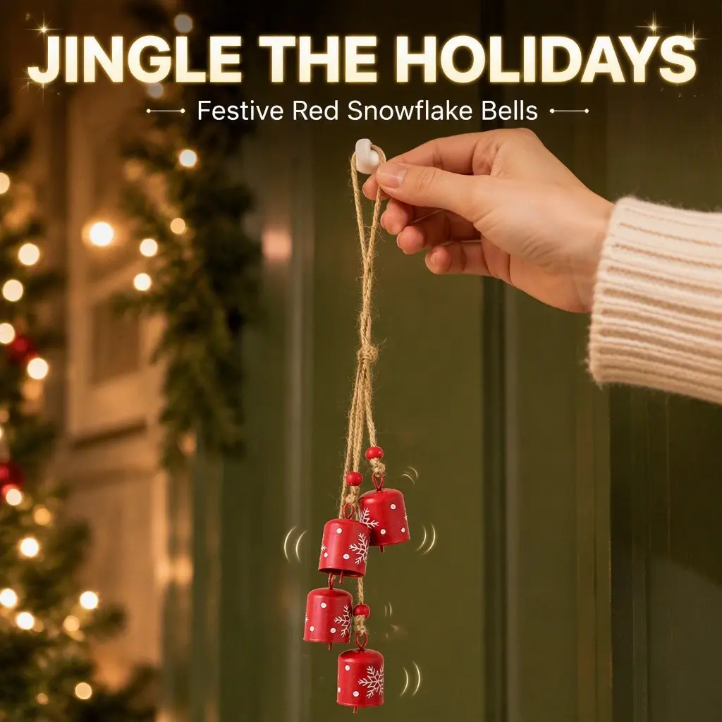 Christmas Rustic Jingle Bell Ornament, Metal Bells with Snowflake, Audible Hemp Rope for Xmas Tree, Door, Wall Decor