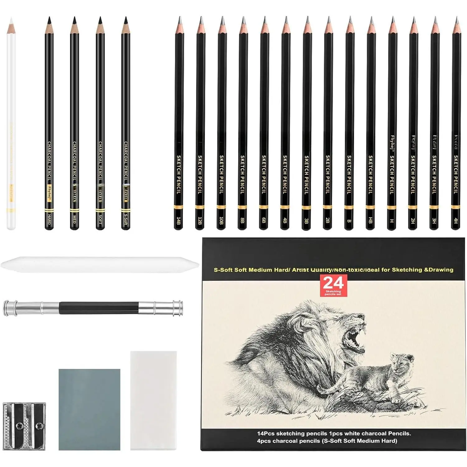 24 count Sketch Pencil Set, Graphite Charcoal for Shading Beginners | Graphite Pencils 14B-4H, Charcoal Pencils, White Charcoal, Art Supplies, Shading, Drawing, Sketching, Beginners & Artists