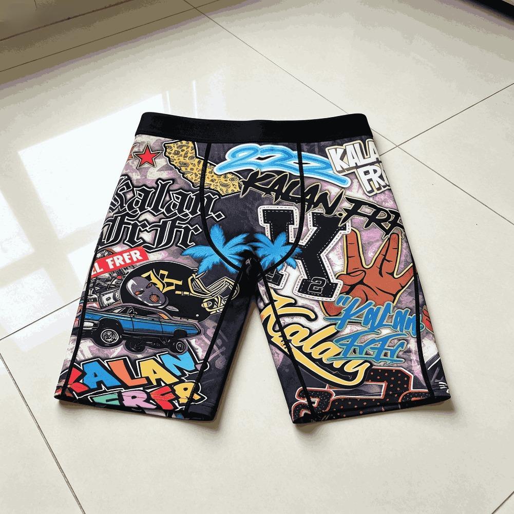 Mens Graphic Boxer Briefs Streetwear Ice Silk Compression Shorts Quick Dry Breathable Long Leg Athletic Underwear Summer Gym Fit