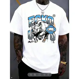 180g[100%cotton]1pcsMen's 220g 100 Percent Cotton ECKO UNLTD Iridescent Rhino Graphic T-Shirt, Comfortable, Soft, And Breathable Men's Sportswear, Suitable For Everyday Wear, Outings, Commuting, Sports, And Parties.Soft Fabric