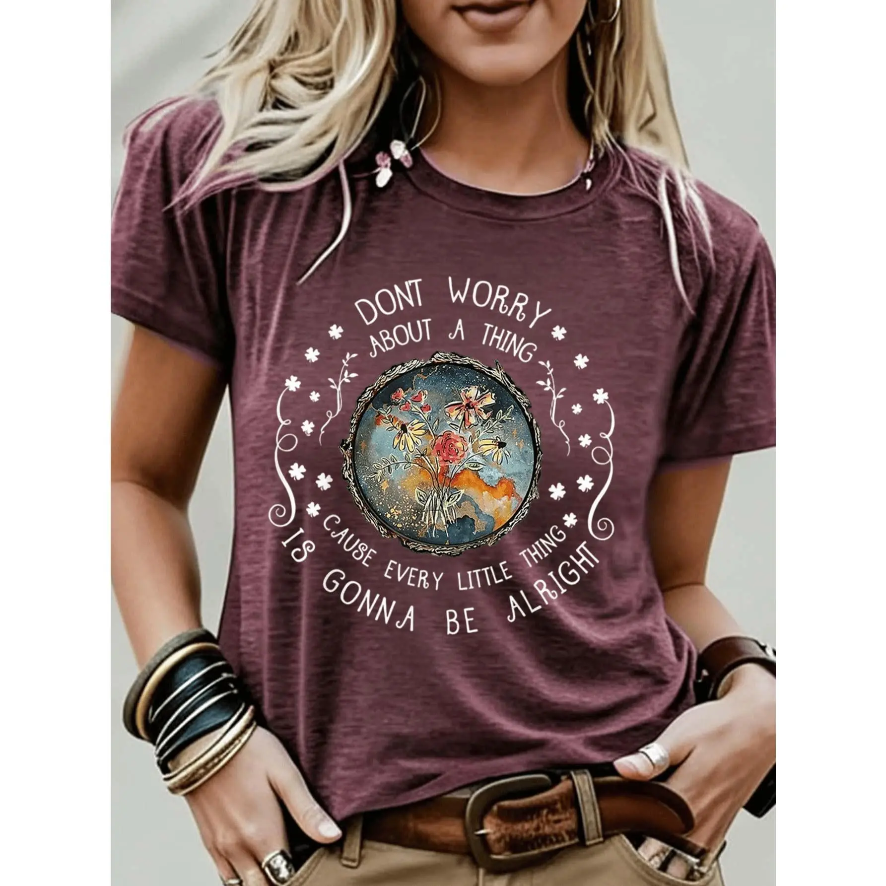 Colorful "Don't Worry" Earth Art Cotton Blend T-Shirt - Colored Bohemian Style, Pattern Short Sleeve For Music Festivals And Casual Wear