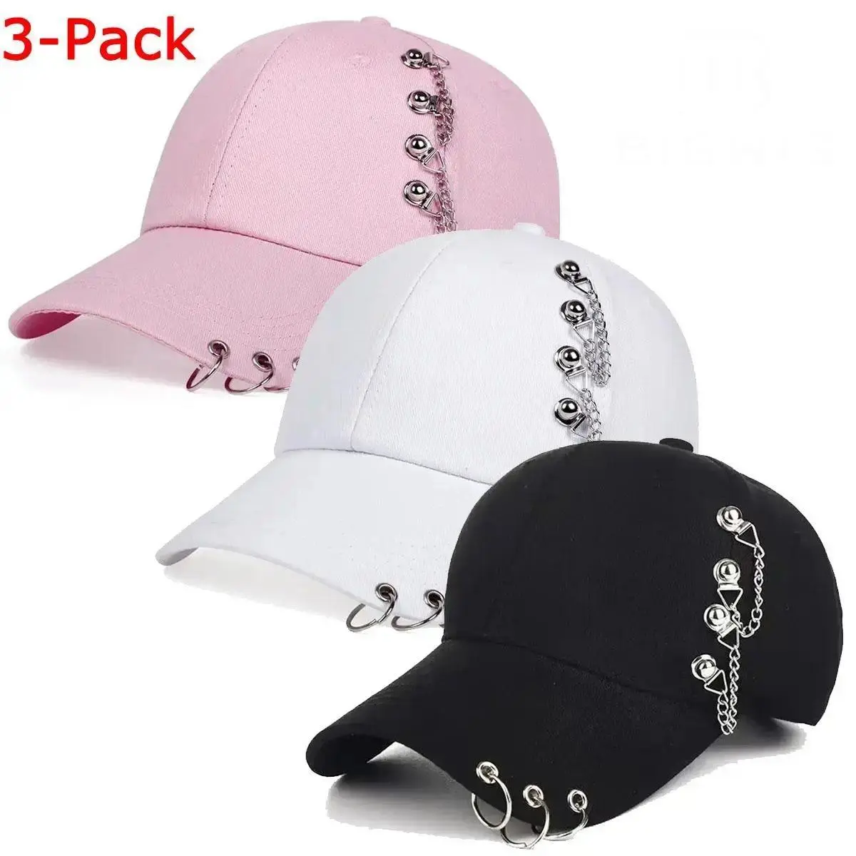 3-Pack Unisex Punk Flat Bill Baseball Caps - Cotton Blend Streetwear Hats with Pierced Rings, Chain Accents, Adjustable Size, Outdoor Sports Accessories for Daily Outings