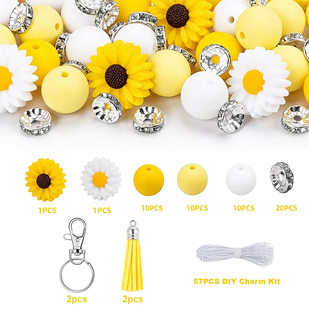 Floral DIY Beading Charm Kit, 57 Pieces Total, Silicone Flower Beads and Round Beads with Rhinestone Spacer Beads, Keychain Hardware and Tassels for Jewelry Making, Bag Charms and Gift Crafts, Mixed Beads Kit