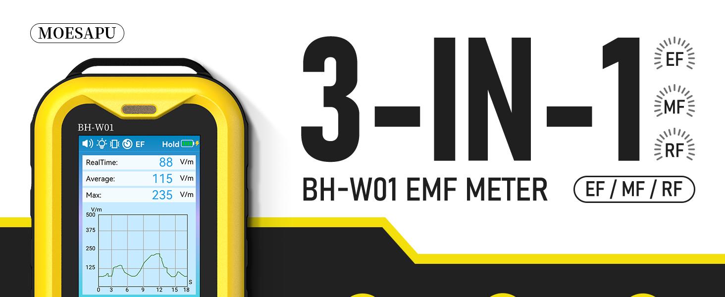 EMF Meter, Electromagnetic Radiation Detector for EF MF RF Field, Radio Frequency Monitor, Battery Reader for Ghost Hunting, BH-W01