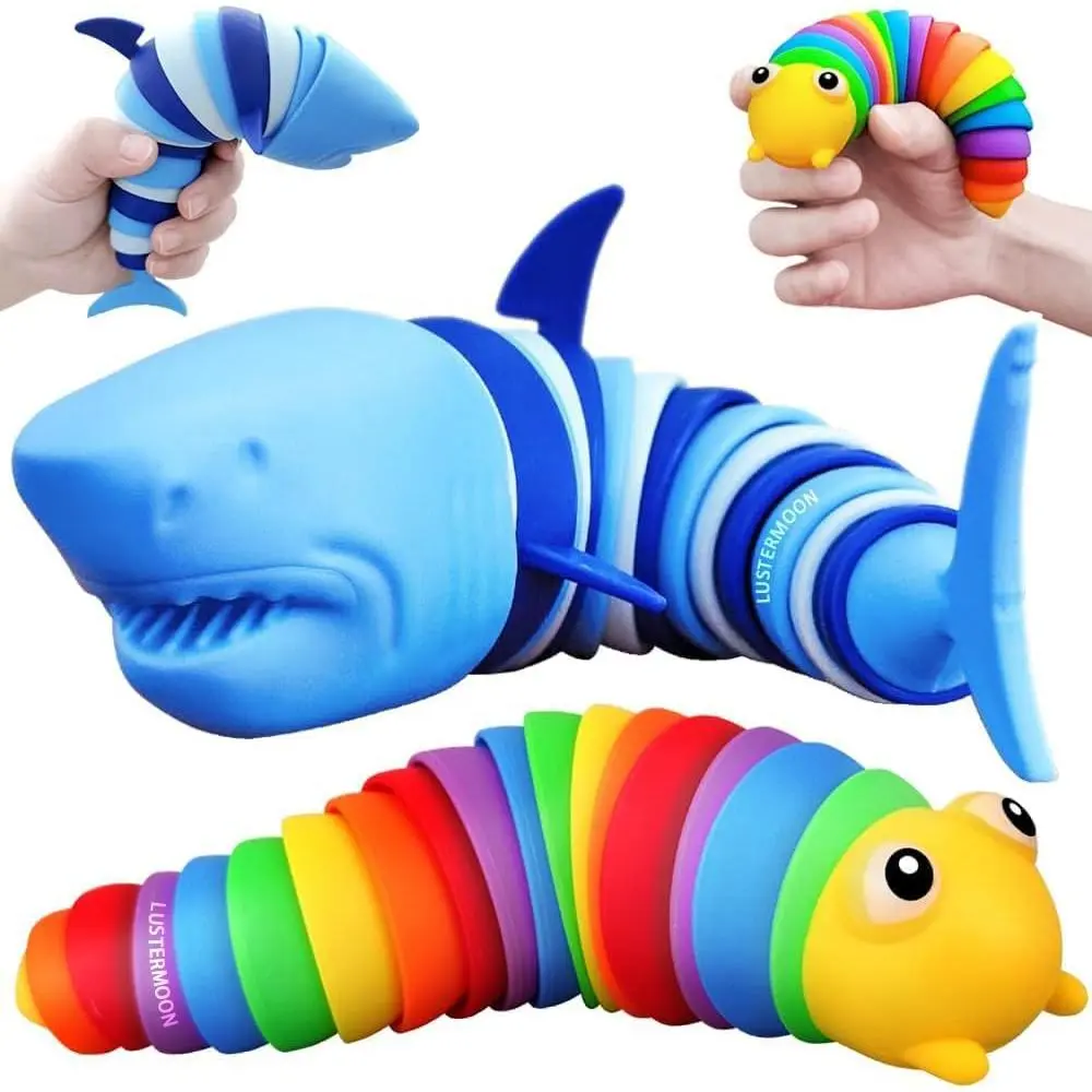 2 Pieces Articulated Fidget Toy, Rainbow Caterpillar Toy Ocean Shark Decompression Toys, Stim Toy Decompression Fun Autism ADHD Fidgeting Children's Toys Adults (Shark and Caterpillar)fidget toys