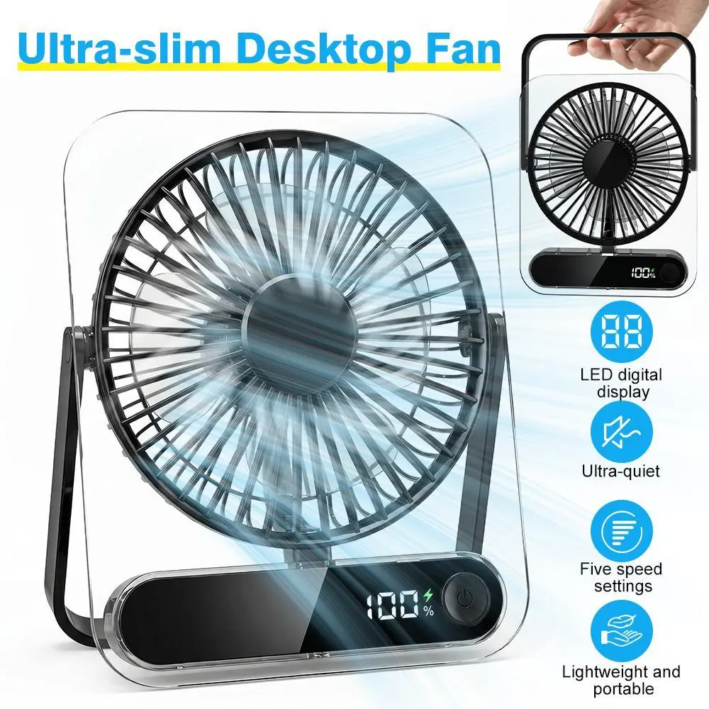 【Summerfinds】Portable USB Rechargeable Foldable Fan - 180° Folding, 5-Speed, Ultra-Quiet, Power Display, Handheld & Desk Cooling Fan for Home, Travel (Household Desktop Appliance)