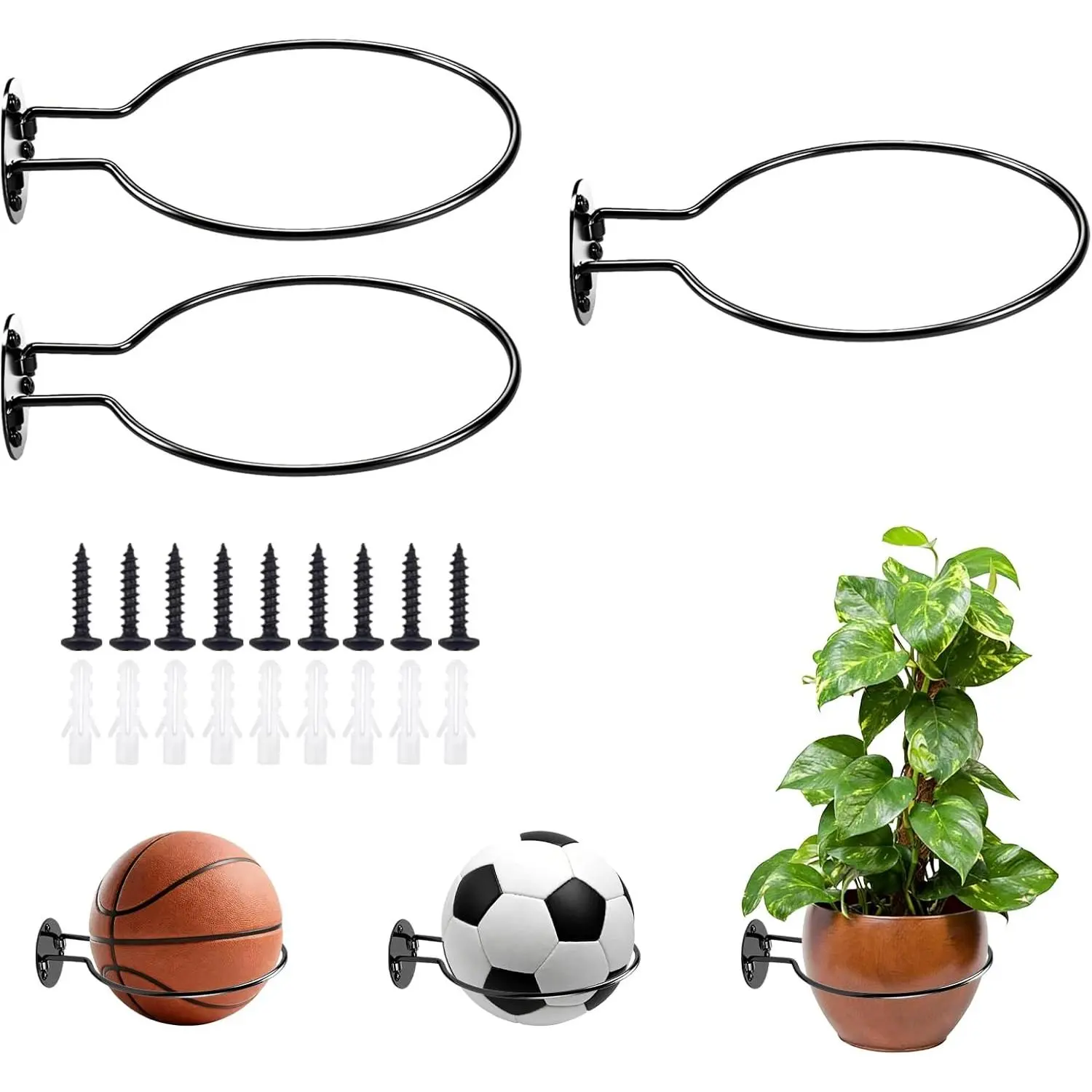 Wall Mount Basketball Holder, Metal Ball Display Rack for Basketball, Football & Soccer, Easy Install Sports Ball Wall Mount for Boys Room Decor, Game Room & Home Organization