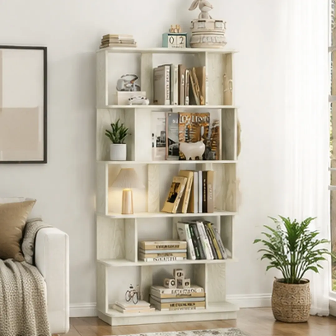 ARCH 5-Shelf Open MDF Wood Modern Bookcase - Vertical Stack Shelves, 9.84W x 31.5D x 64.56H in, Anti-Tip Safe, Easy Setup, Small Space Decor for Living Room, White Indoor Furniture Organizer