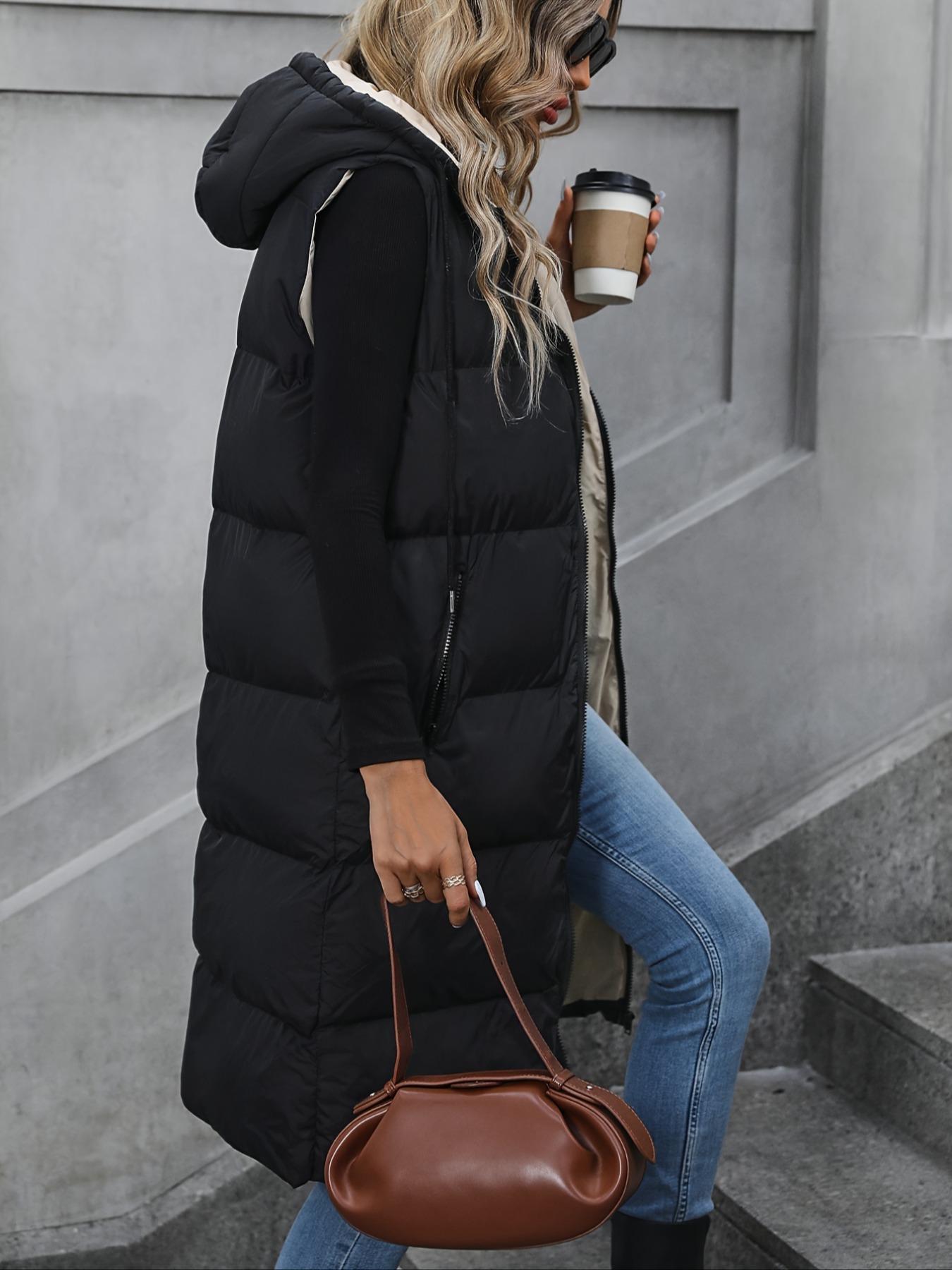 Women's Woven Solid Pocket Zip Up Drawstring Hooded Vest Winter Coat, Casual Fashionable Loose Sleeveless Thick Warm Coat for Daily Outdoor Wear, Women Clothing for Fall & Winter, Womenswear