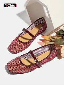 Women's Breathable Mesh Ballet Flats Square Toe New Design One Strap Flat Soft Sole Lightweight Comfortable Mary Jane Shoes