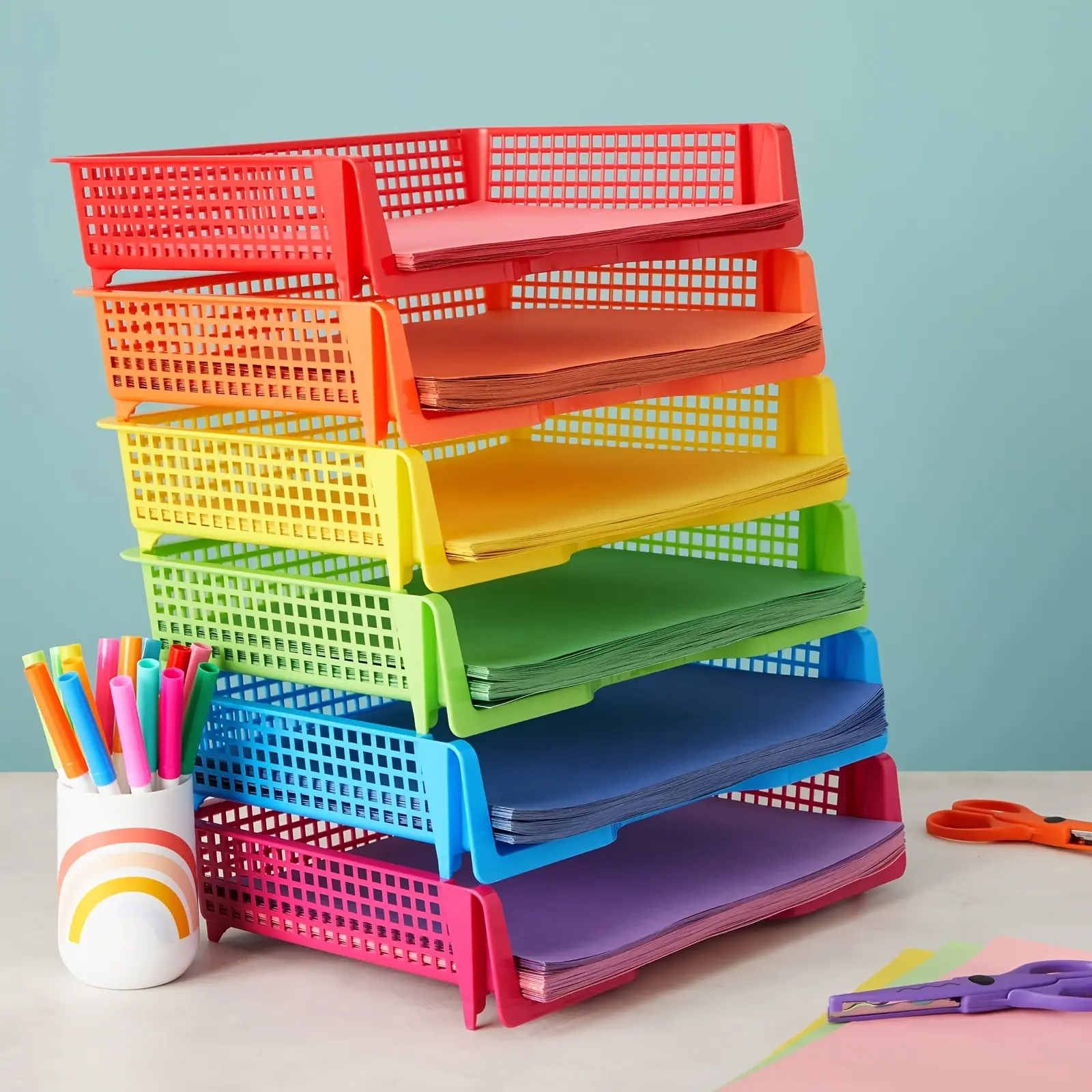 A Collection of 6 Vibrant Rainbow Trays Designed for Teachers to Collect Assignments, Made of Plastic And Suitable for Office Organization (Dimensions: 9 X 13 X 3 Inches)
