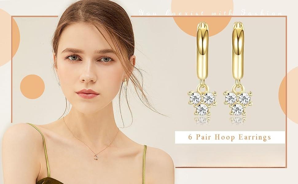 6-Pair Gold Huggie Hoop Set | 14K Gold Plated Stainless Steel | Dainty CZ Dangle & Cuff Earrings | Hypoallergenic Ear Stack for Sensitive Ears