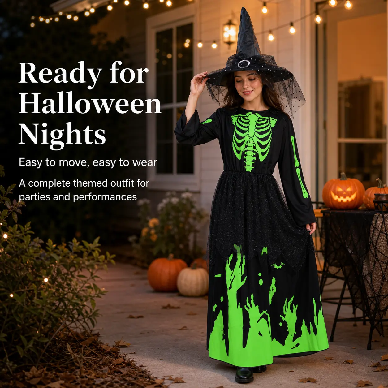 Girls Glow In The Dark Skeleton Witch Costume Dress, Long Sleeve Halloween Ghost Hand Print Maxi Dress with Witch Hat