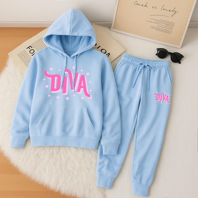 Women's Diva Star Print Hoodie And Drawstring Track Pants Set, Casual Sportswear, Long-Sleeved Hooded Jacket And Pants, Suitable For Autumn And Winter, Everyday Wear, Indoor And Outdoor Sportswear, Sportswear Set, Casual Sportswear