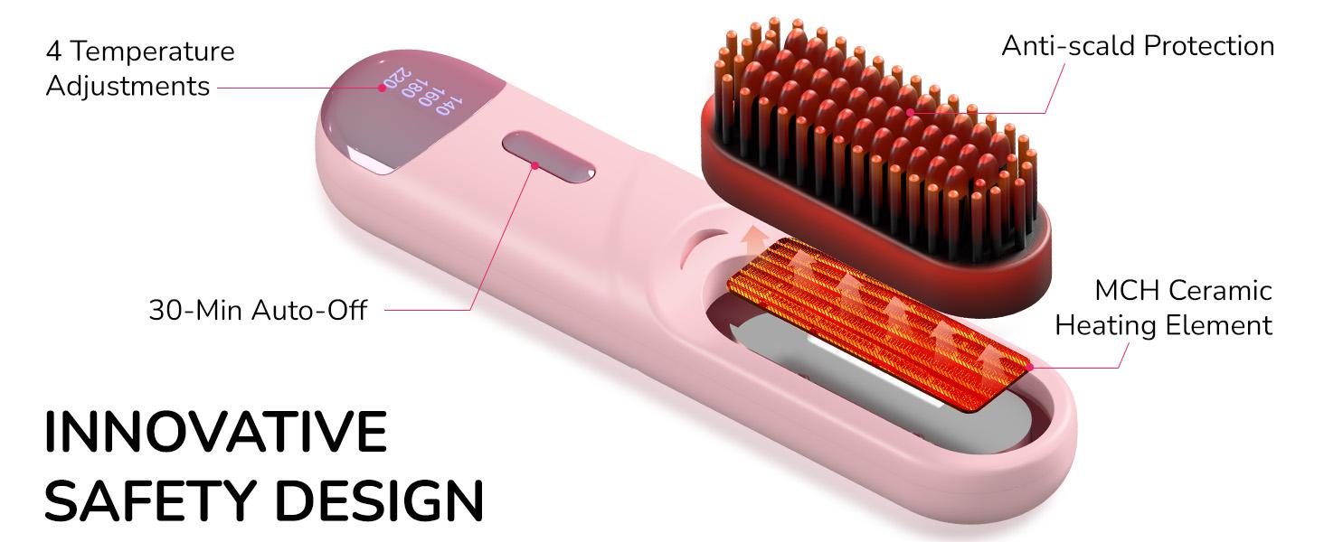Go Brush Pro for Short Hair 2026 Hair Straightener Brush 300M Negative Ions,Portable Cordless Straightening Comb for Women,Fast Heating 4 Temps for Frizz-Free Smooth Hair Travel Gift Light Pink