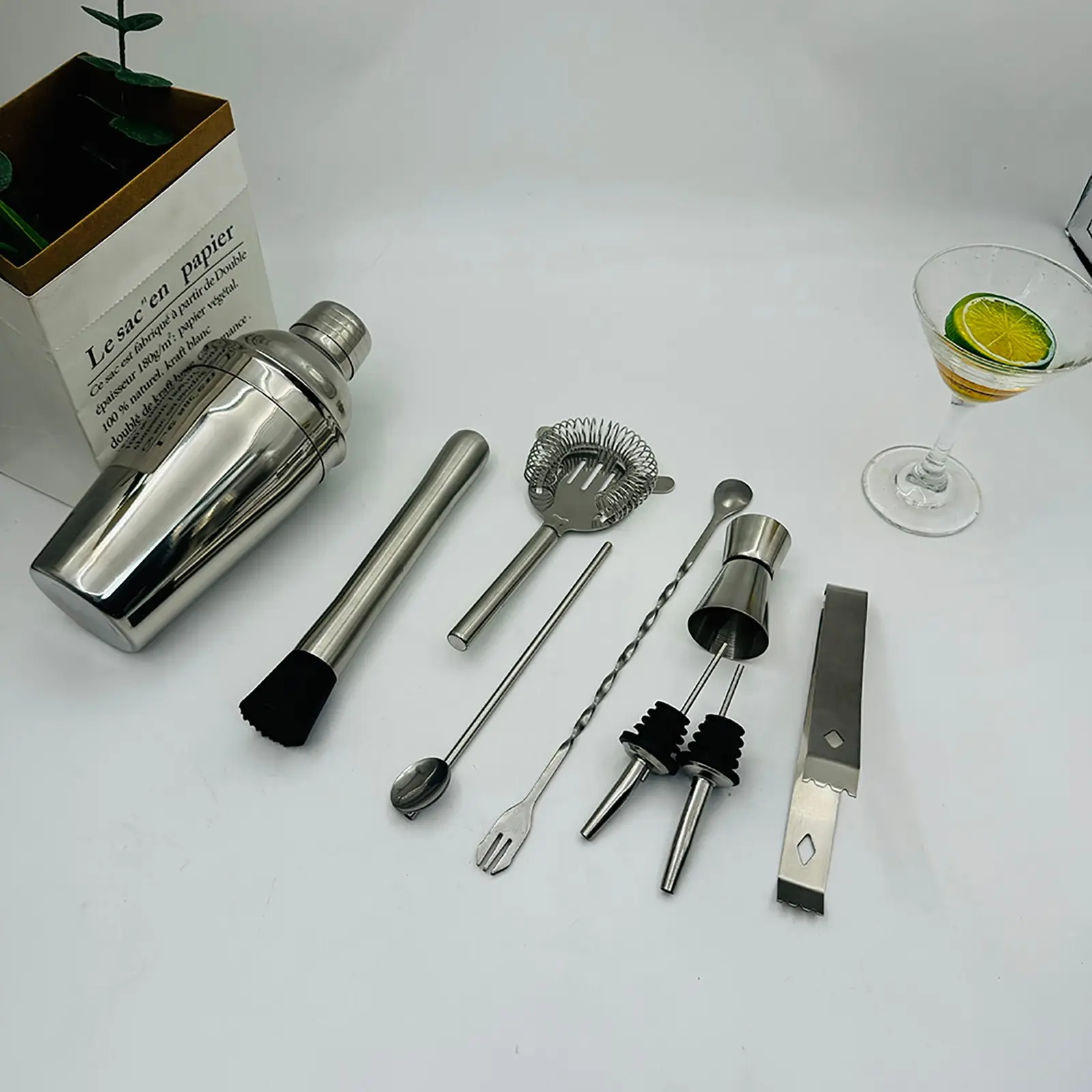 5/6/9 Piece Stainless Steel Cocktail Set, Modern Minimalist Style, Includes Shaker, Measuring Cup, Ice Filter, Muddler, Ice Tweezers, Perfect for Home Bar Parties