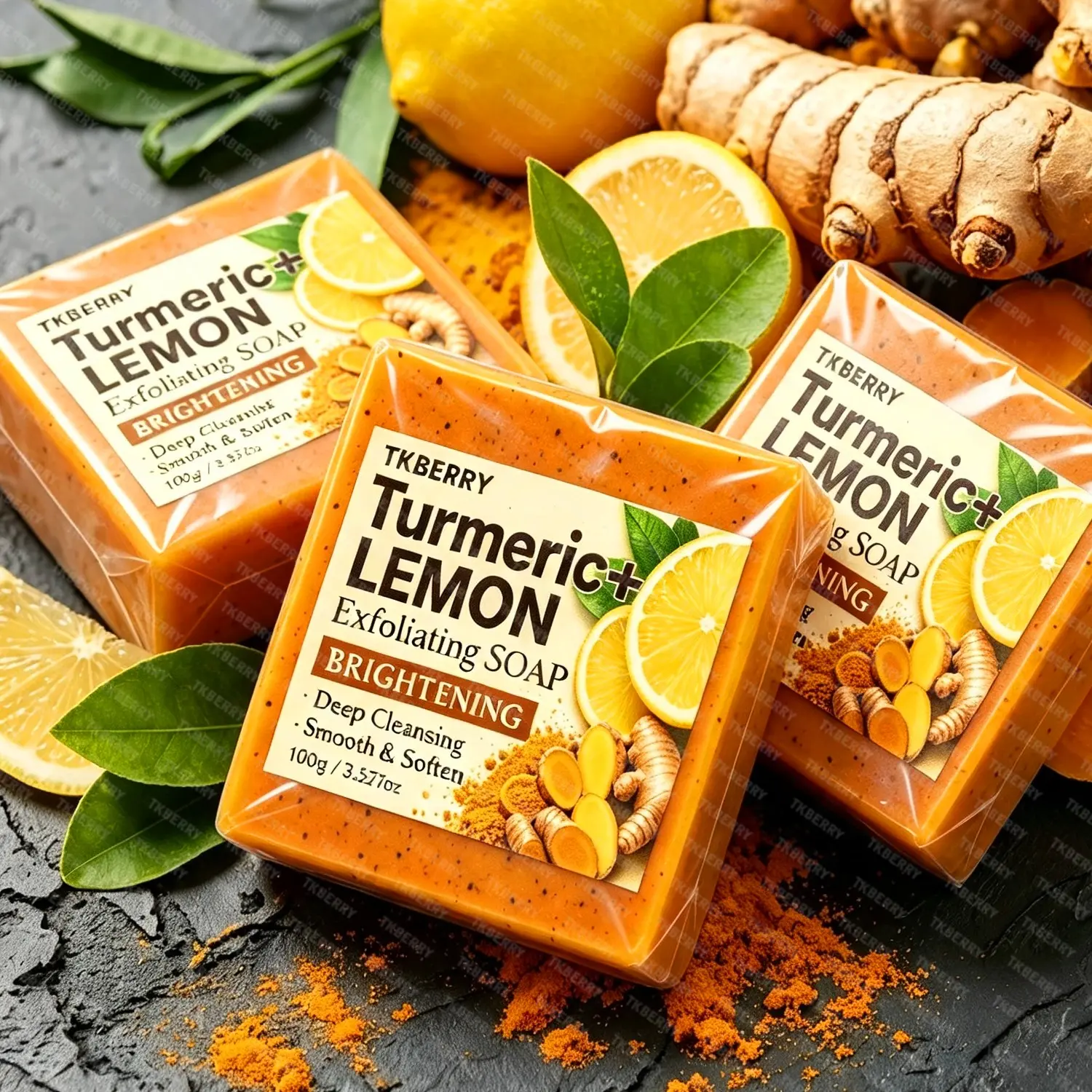 100g*3pcs,Turmeric Lemon Exfoliating Soap, Deep Cleansing Scrub Bar for Face & Body, Removes Surface grease, Smooths Rough Skin & Leaves Skin Looking Soft, Fresh and Radiant, Rich Foaming Daily Cleansing Soap ﻿