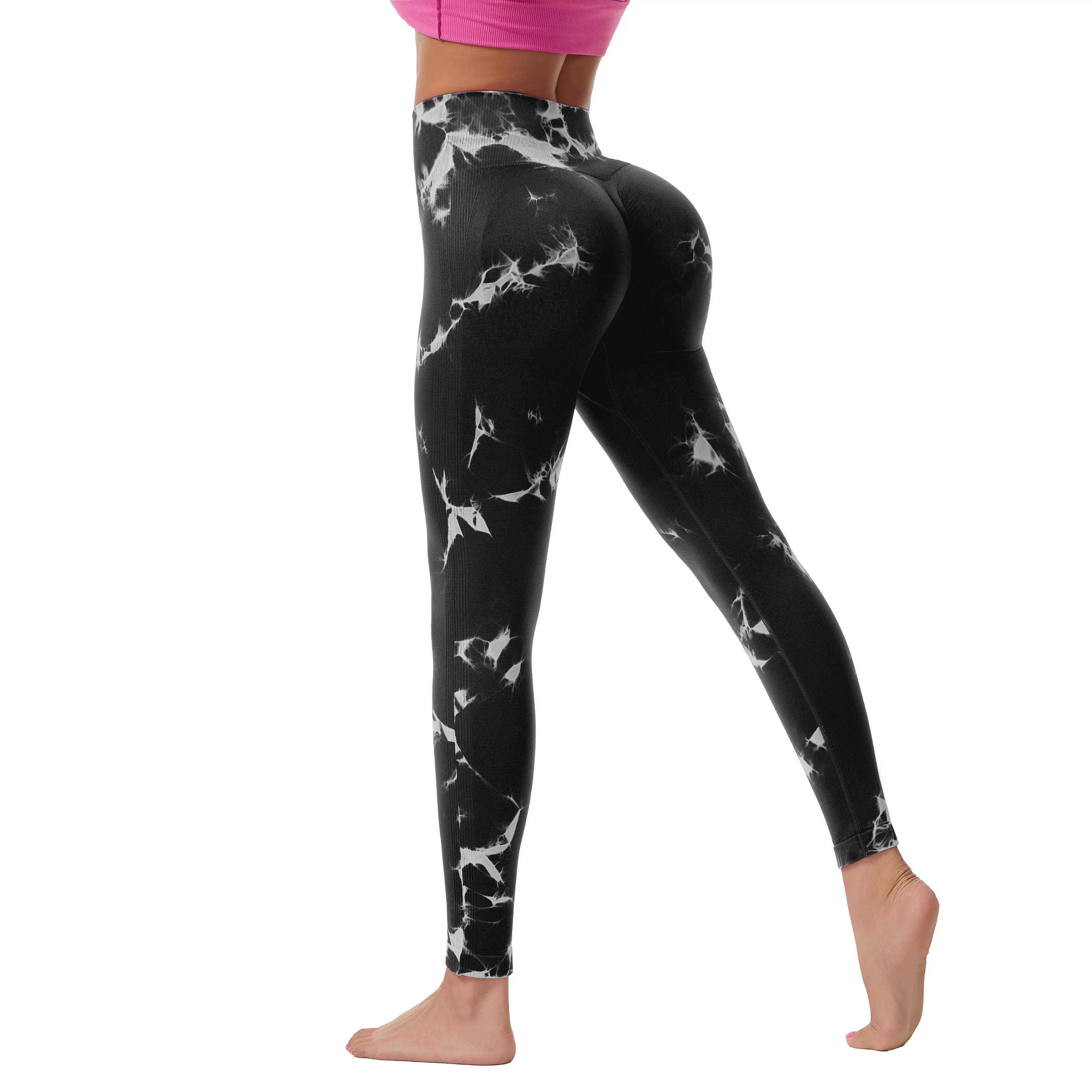 Women's High-Waisted Tie-Dye Yoga Pants, Butt-Lifting Marble Pattern, Sexy Fitness Sports Leggings, Peach Butt Leggings