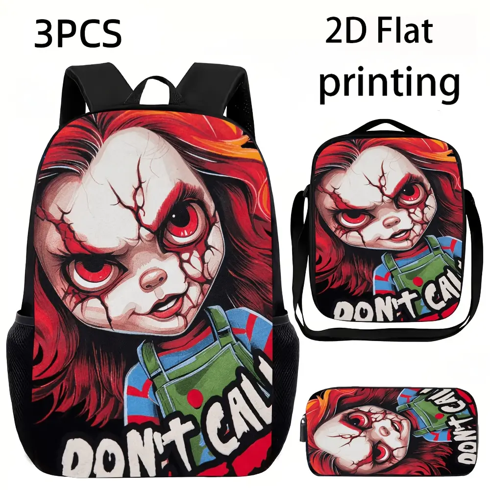 Durable Water Resistant 3-Piece Backpack Set for Teens, Lightweight School Bag with Lunch Box, Solid Black Background Chucky Horror Doll Cracked Face Red Eye Don’t Call Graphic Print, Spacious 15in Laptop Backpack with Soft Padded Straps