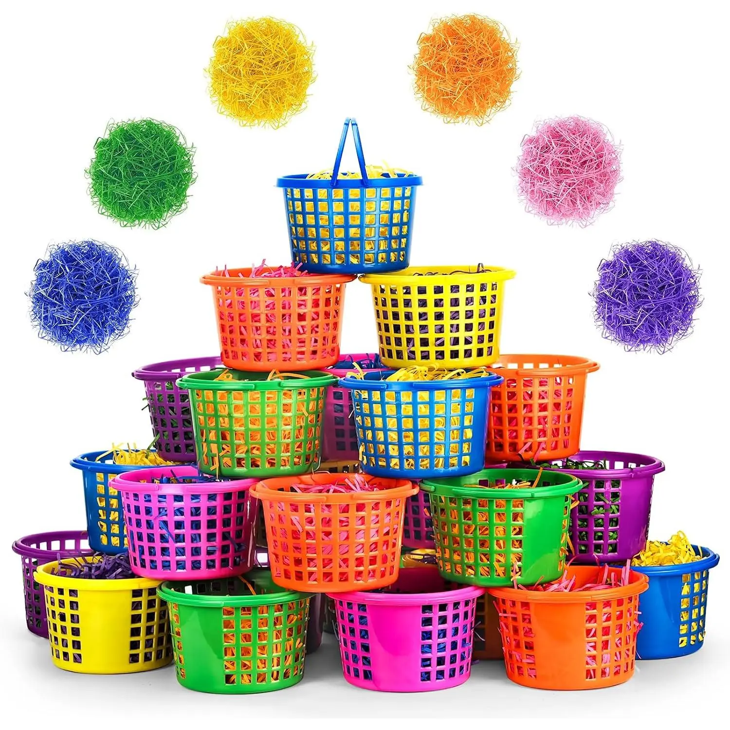 Easter Baskets in Bulk for Kids 24 PCS Plastic Easter Basket Bucket for Eggs Hunts Game, Classroom Eggs Collecting Baskets with 6 Color Raffia Paper Grass Filler Basket for Kids Egg Hunts Party