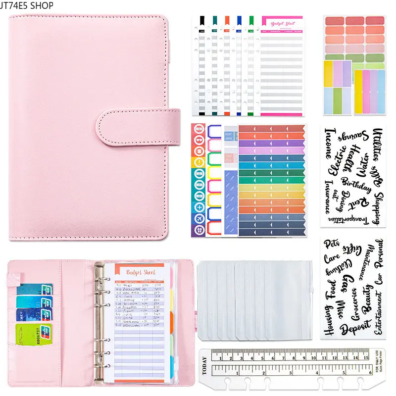 A6 Multifunctional PU Leather Budget Binder, 6 Ring Zipper Cash Storage Handbook Wallet