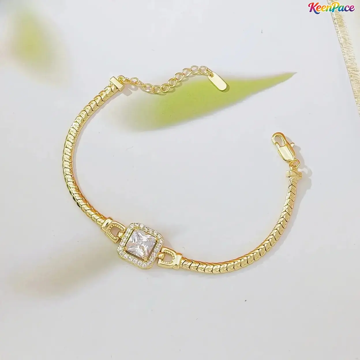 Dainty 14K Gold Plated Herringbone Bracelet, Minimalist Luxury Wrist Jewelry With Sparkling Square Cubic Zirconia Stones, Elegant Women Accessory For Bridal Wear, Sentimental Birthday & Anniversary Gift For Her