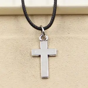 New Fashion Tibetan Silver Color Pendant Cross Necklace Choker Charm Black Leather Cord Factory Price Handmade Jewelry