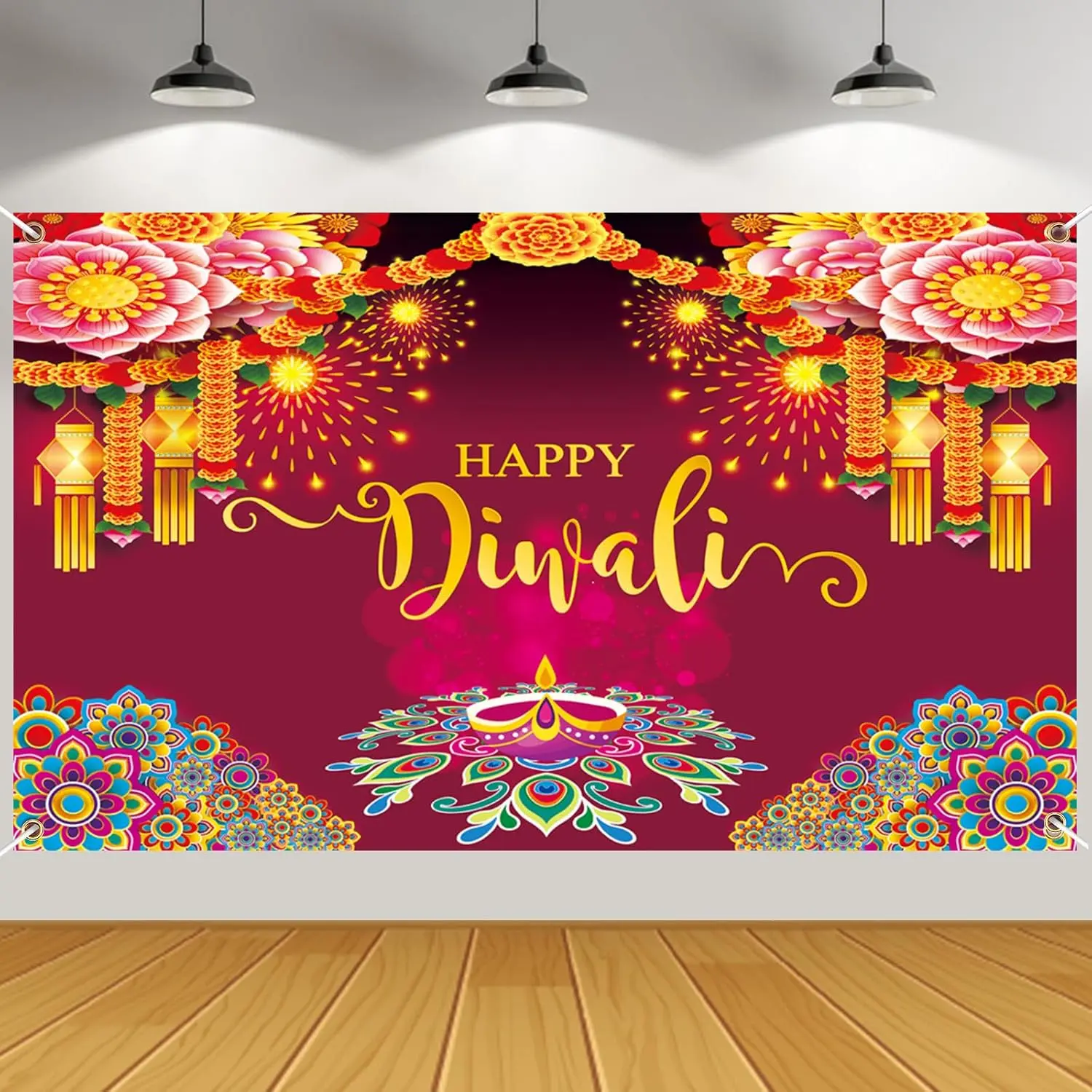 Happy Diwali Banner Decorations Indian Backdrop for Home Diyas| Polyester Fabric, Diwali Decorations for Home, Happy Diwali Decor, Photo Booth Props Background, 59x35.5 Inch Banner