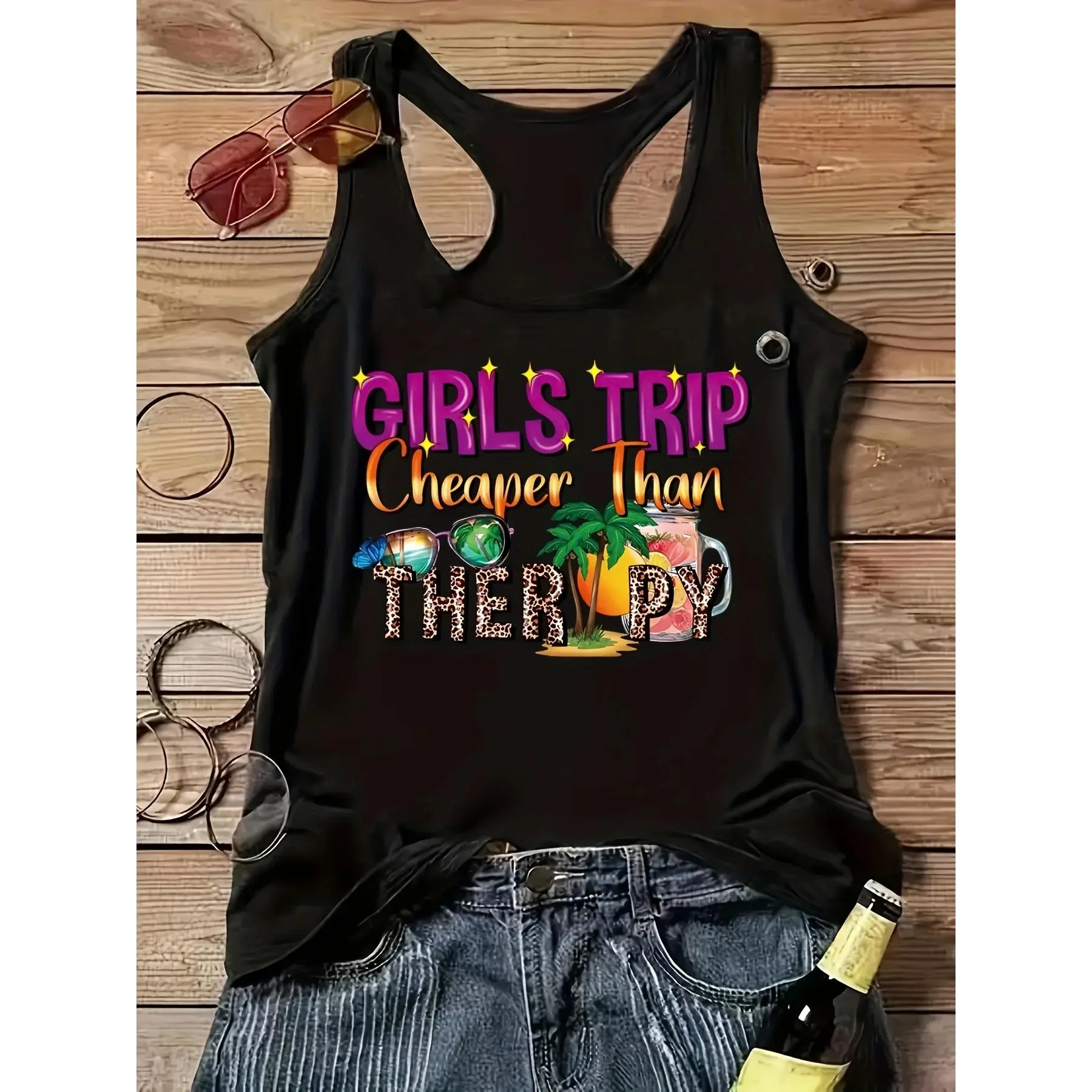 Girl's Trip Print Crew Neck Tank Top, Casual Sleeveless Top For Spring & Summer, Women's Clothing