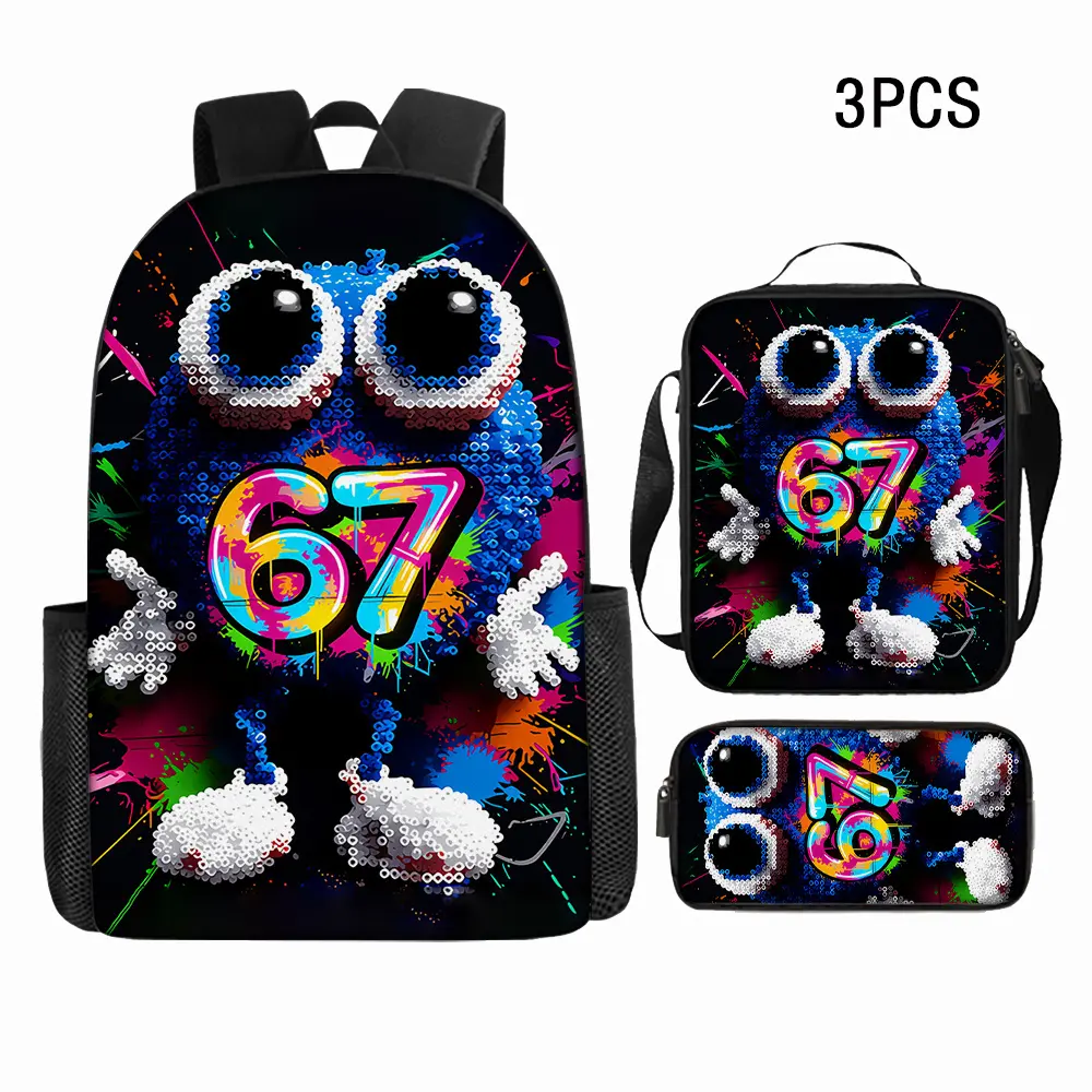 3-pack stylish sequined backpacks, rainbow cute monster 67 theme, lightweight travel large capacity backpacks, fashionable design, back-to-school gift. set