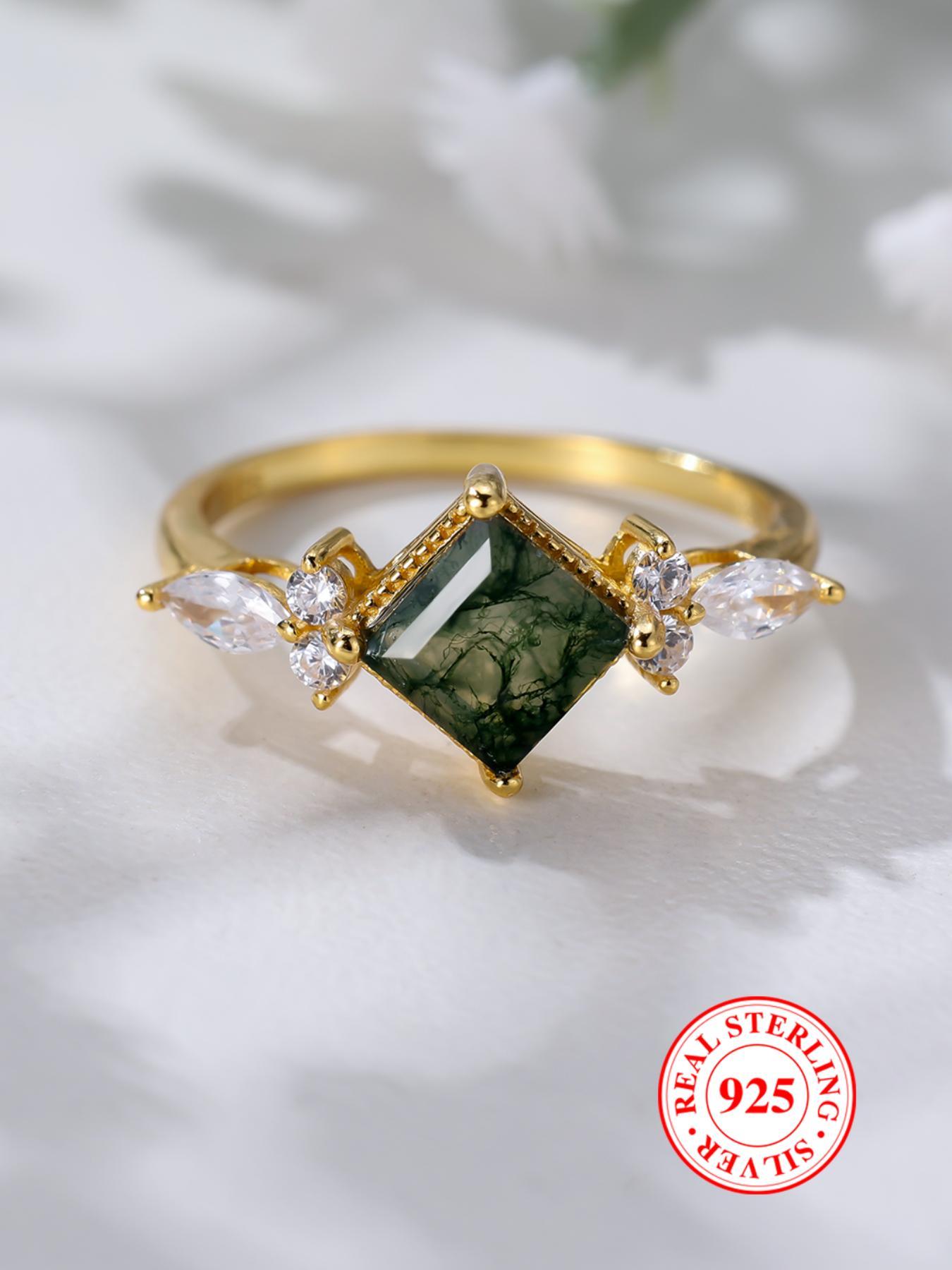 S925 Sterling Silver Elegant Square Shaped Green Moss Agate Decorated Ring, Exquisite Trendy Ring, Fashionable Jewelry Accessories for Women & Girls, Elegant Fashion Rings