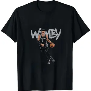 100% Cotton WEMBY Distressed Bold Letter Tee, Dribble Breakthrough Player Print, Spurs Fan Arena Game Day Shirt Wembanyama Dribble Motion Print Tee, Solid Black, Versatile Top For Travel & Basketball Game Night