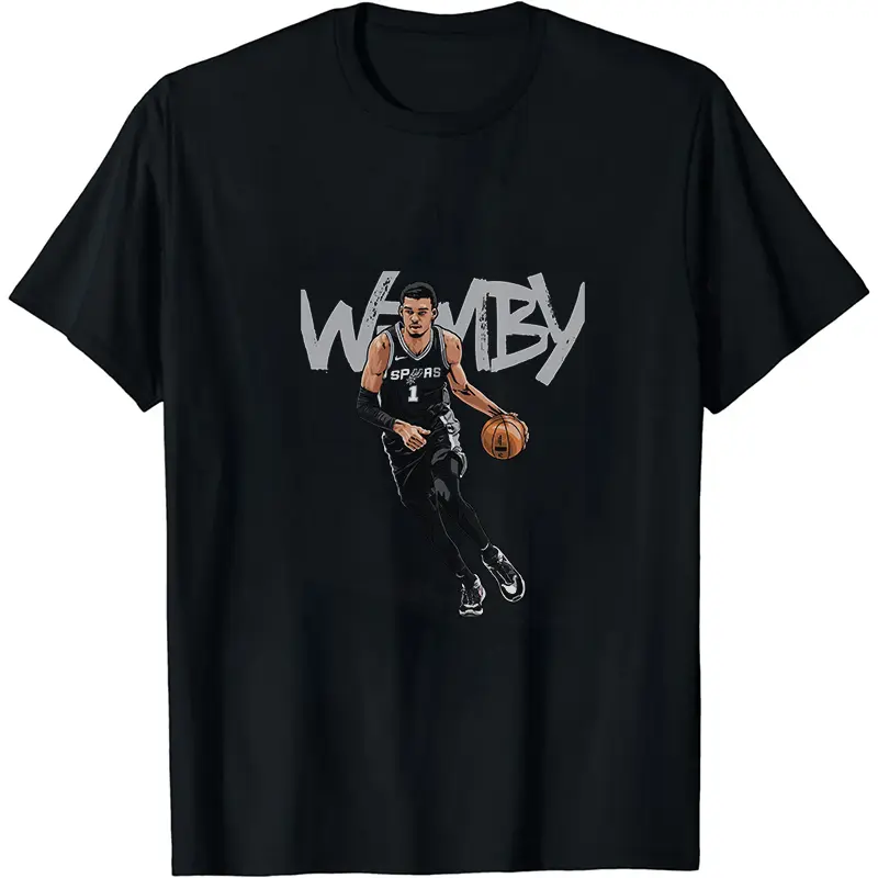 100% Cotton WEMBY Distressed Bold Letter Tee, Dribble Breakthrough Player Print, Spurs Fan Arena Game Day Shirt Wembanyama Dribble Motion Print Tee, Solid Black, Versatile Top For Travel & Basketball Game Night